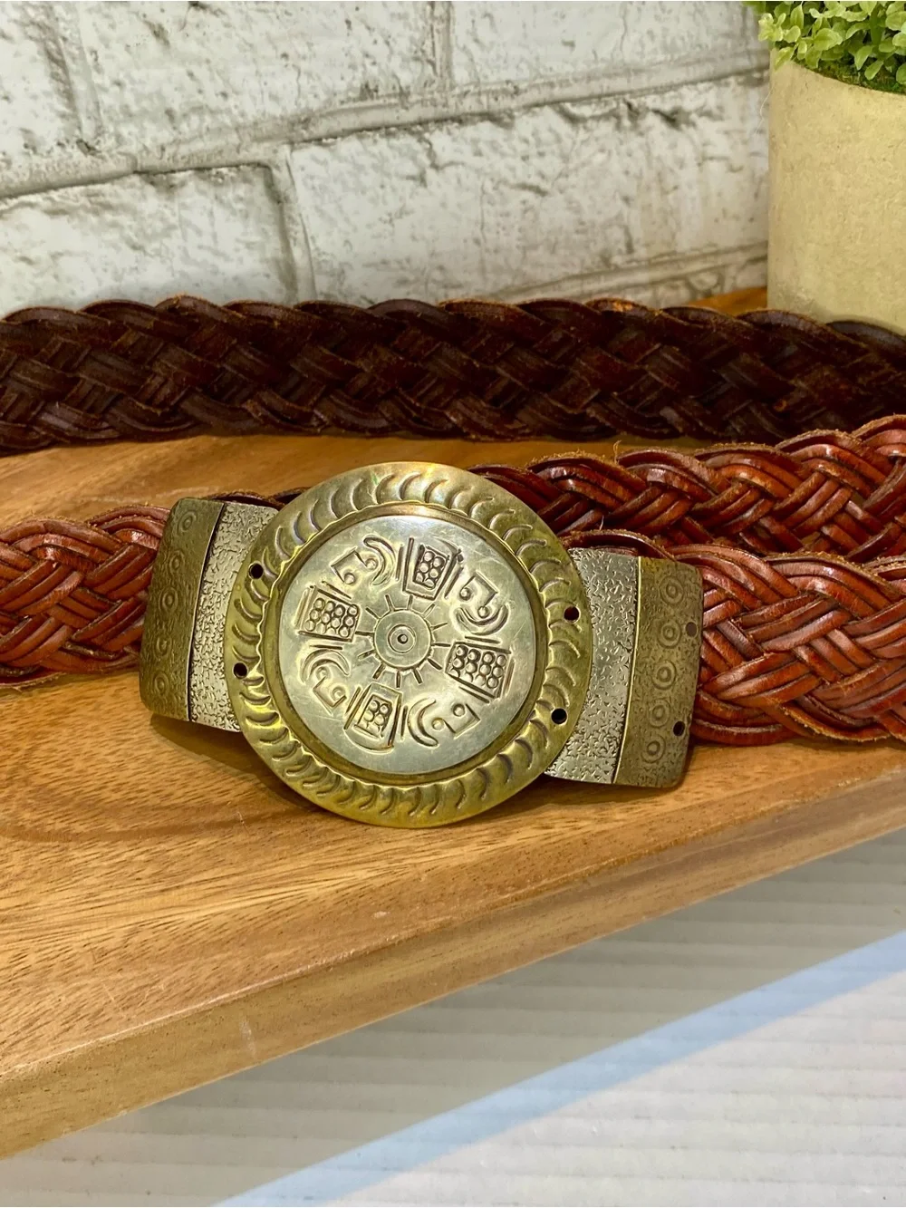 CHICO’S M/L Braided Brown Leather Belt with Ornate Brass Medallion